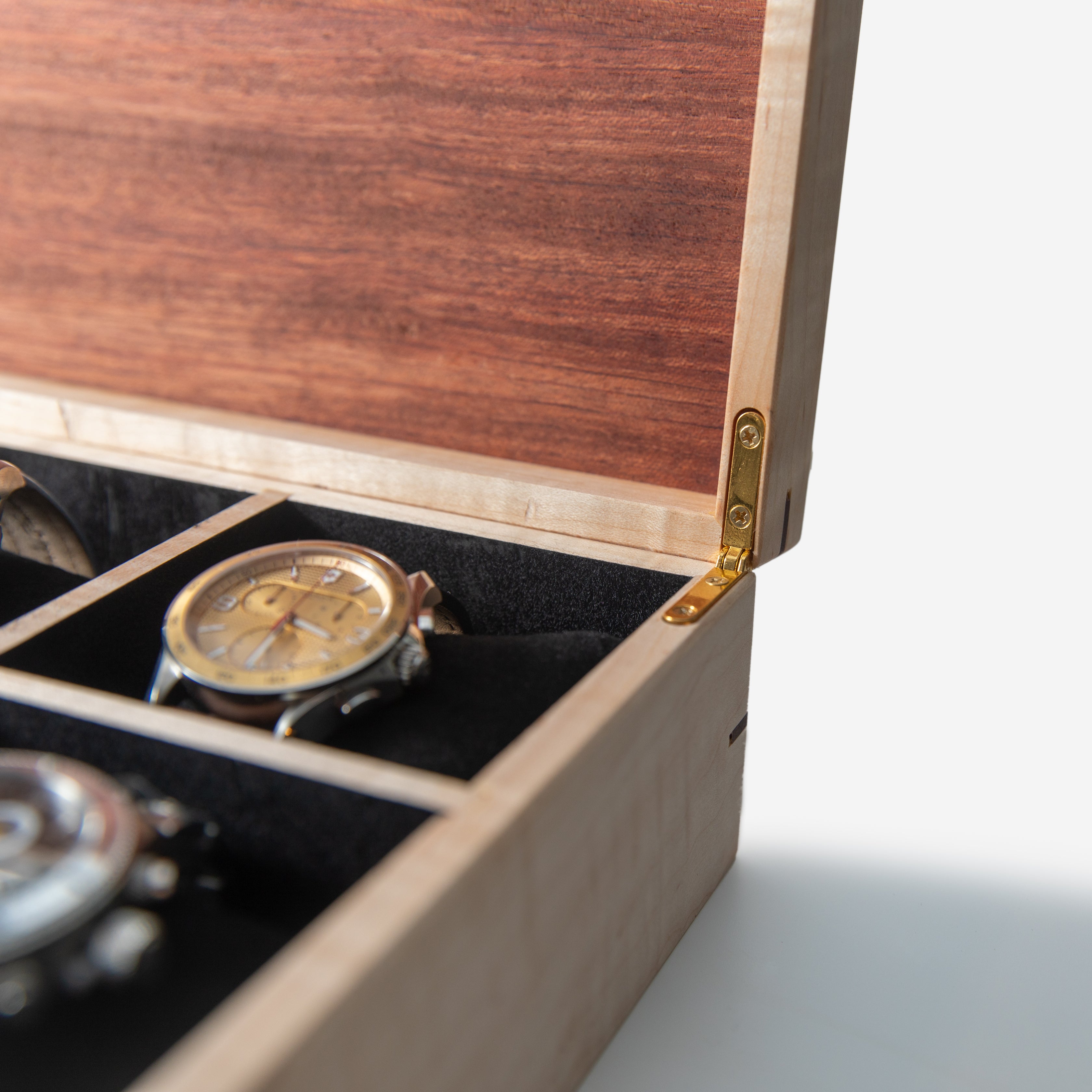 Watch Box Curly Maple and Sapele Mahogany 8 Watch Compartments